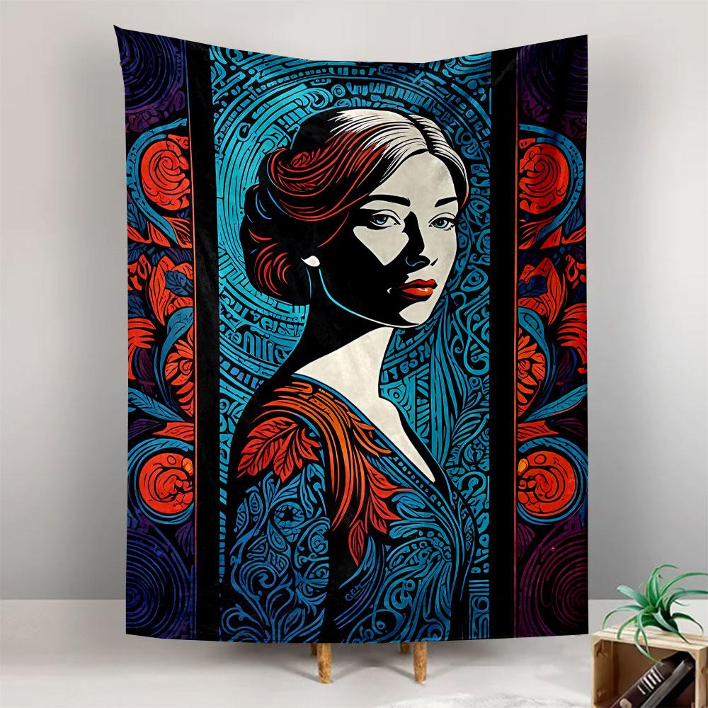 Stylized portrait framed by intricate floral and geometric patterns. Patterned tapestry for bedroom and living room home decor