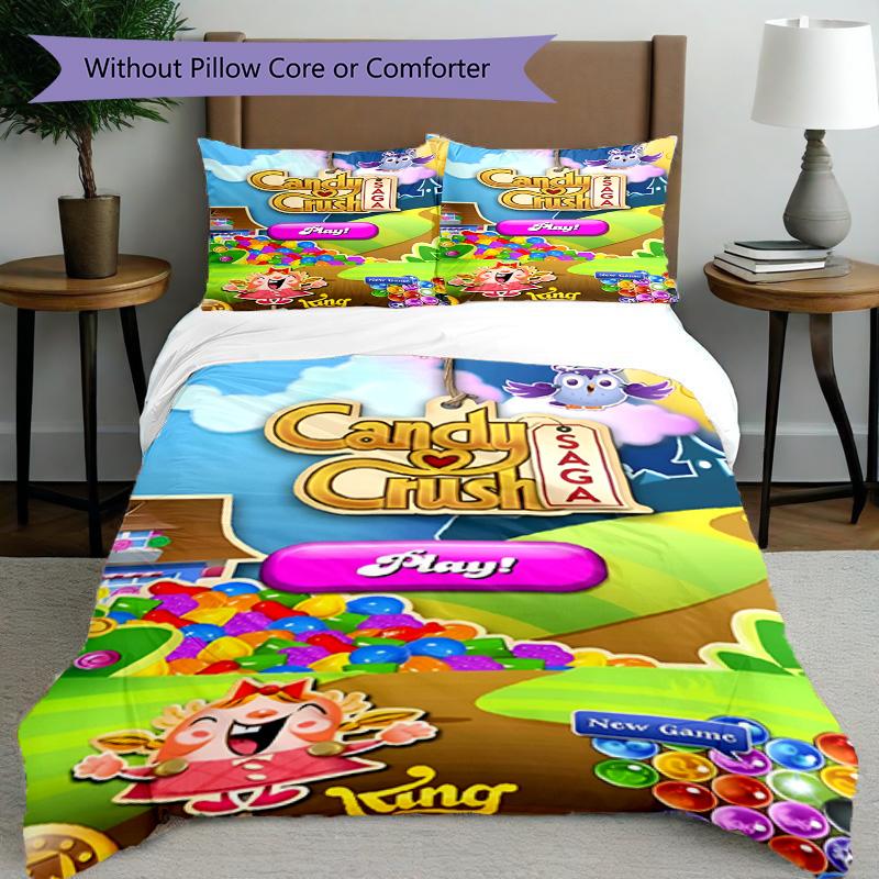 3pcs Duvet Cover Set (1*Duvet Cover + 2*Pillowcase, Without Core), Candy Crush Saga Print Bedding Set, Bedroom Decor, All‑Season, Birthday Gift
