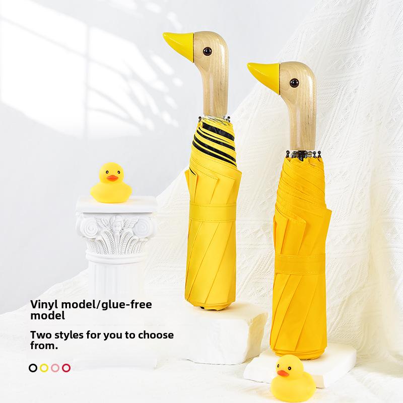 Зонт «Утиная голова» с тремя сгибами: Креативная деревянная ручка, двойное назначение: для солнца и дождя, милый дизайн в виде черной утки для женщин