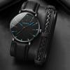 2 шт./комплект, мужские модные ультратонкие часы, простые мужские деловые кварцевые часы с ремешком из искусственной кожи и браслетом