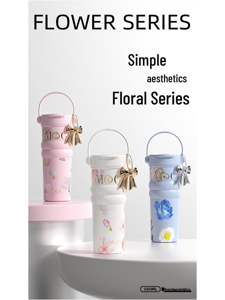 Большая цветочная термокружка из нержавеющей стали для путешествий - Идеально подходит для автомобиля и кофе