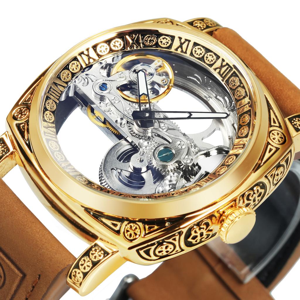 Forsining Royal Golden Bridge Skeleton Automatic Mechanical Watch for Men Luminous Hands Retro Engraved Luxury Mens Watches
