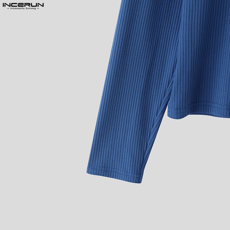 INCERUN Мужские футболки с квадратным вырезом, длинным рукавом, пэчворком, пуговицами, облегающие, укороченные топы