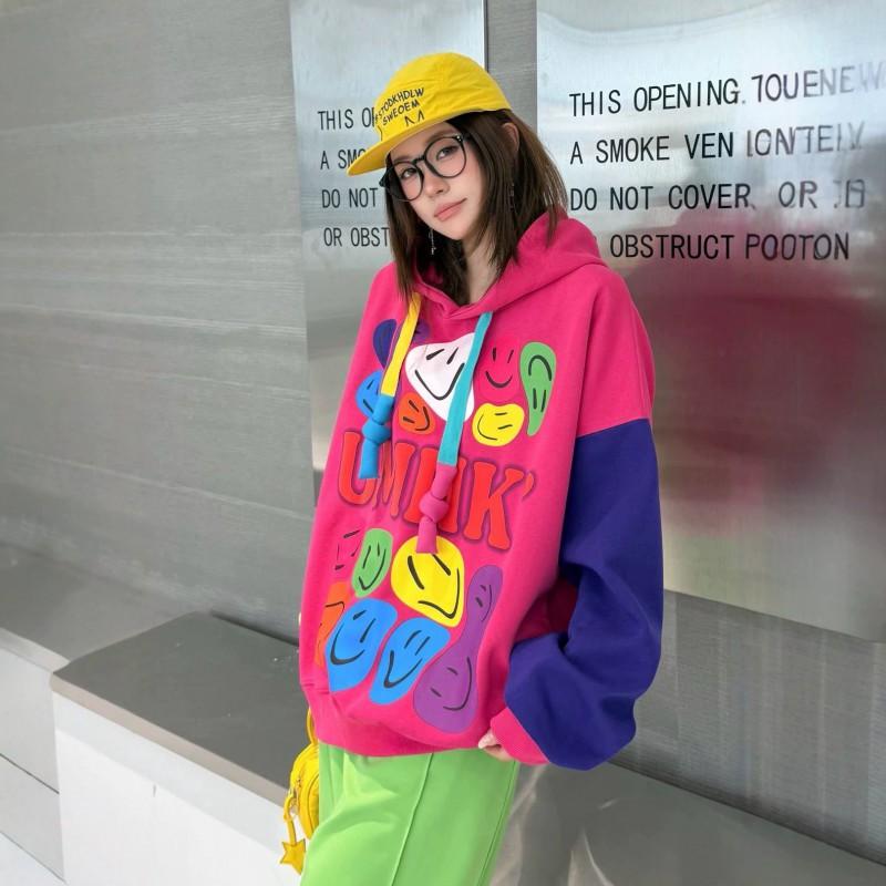 2026 Fall Winter Oversized Graphic Sweatshirt Women Retro Color Block Letter Smiley Print Casual Loose Fit Streetwear