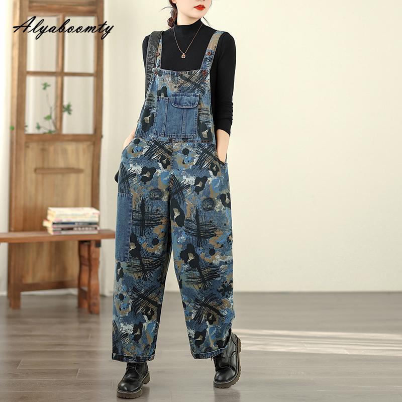 Plus Size Korean Style Stylish Streetwear Overall Straps Print Denim Wide Leg Jeans Basic Ladies' Casual Loose Vintage Romper