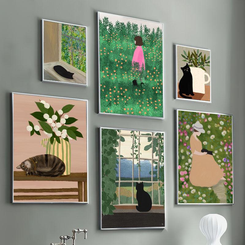 Бохо Абстрактная Девушка Садовые Цветы Кот Иллюстрация Настенное Искусство Холст Живопись Скандинавский Постер и Принты Картины Декор Гостиной