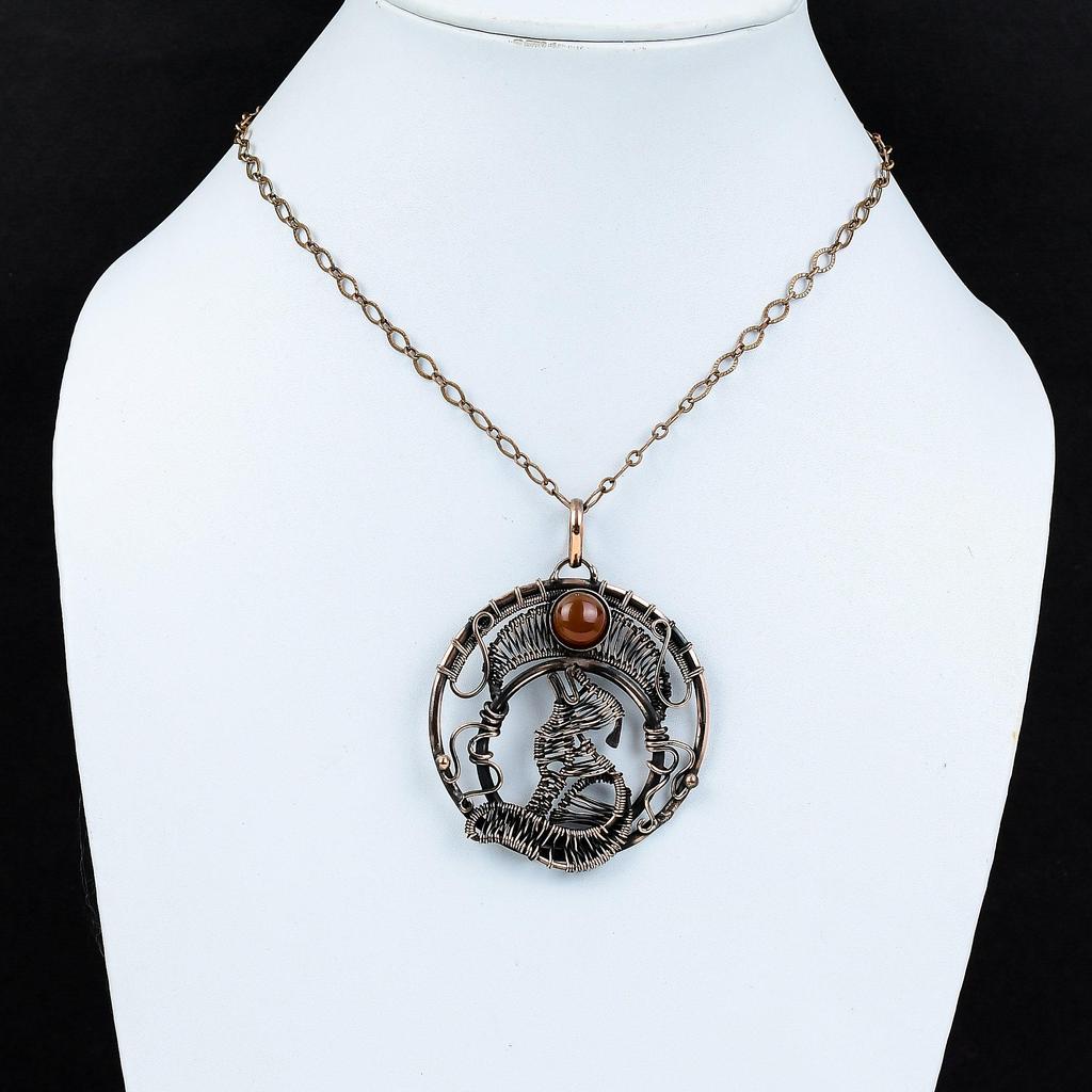 Подвеска из сердолика, кулон из медной проволоки, кулон ручной работы в стиле бохо, медные украшения, кулон для собаки, обернутый проволокой, ювелирные изделия из драгоценных камней, подарок для мамы