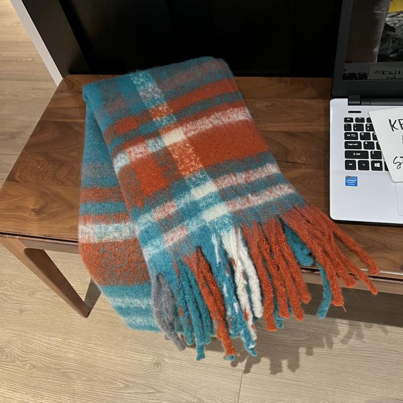 Rainbow Plaid Autumn and Winter Imitation Cashmere Thick Beard Scarf for Female Students Couple Mohair Warm Scarf Thick Shawl