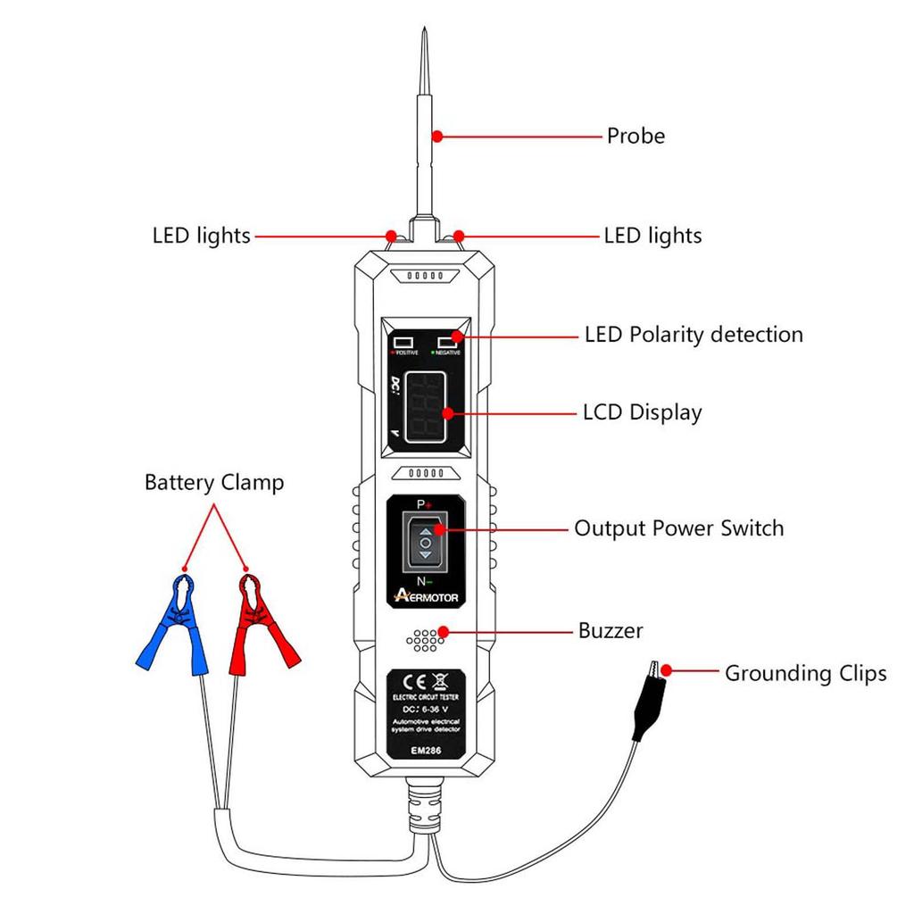 Тестер цепи автомобиля Тестер-пробник цепи питания 6-36 В Автомобильный детектор цепи Цифровая электрическая система с цифровым дисплеем