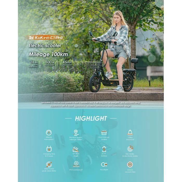 Scooter électrique KuKirin C1 Pro - Moteur 500 W - Batterie 48 V 26 Ah - Pneus 14 pouces -- Autonomie 100 kilomètres
