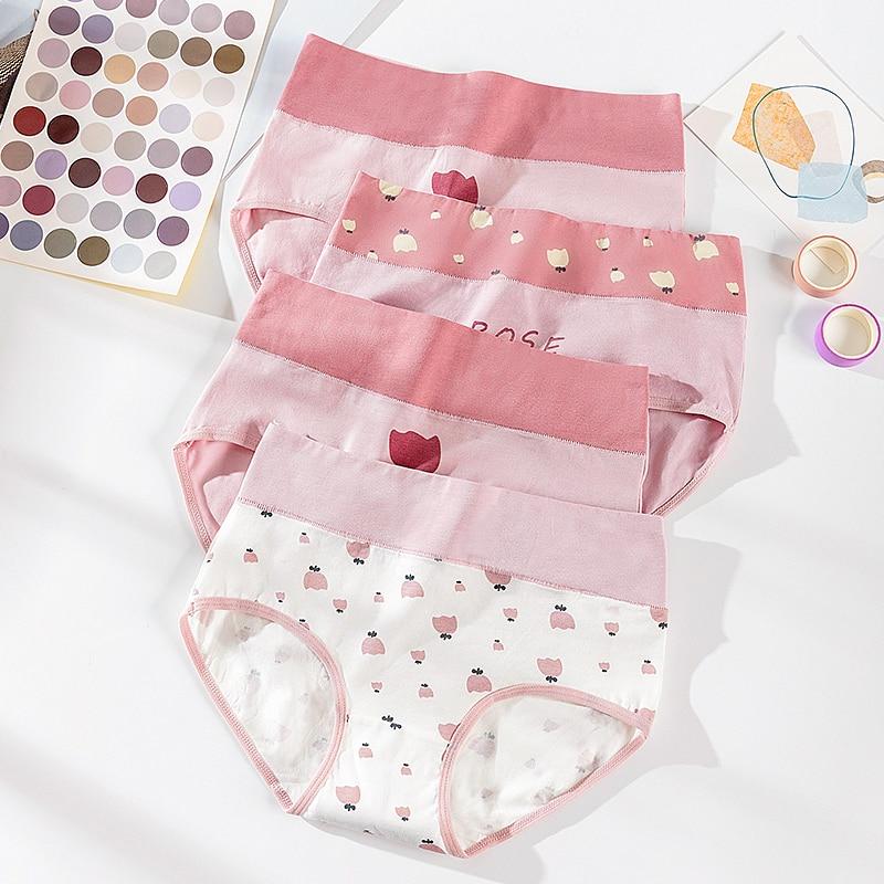 LANGSHA Large Size 5XL Panties Women Cotton High Waist Underwear Girls Briefs Lovenly Print Lingerie