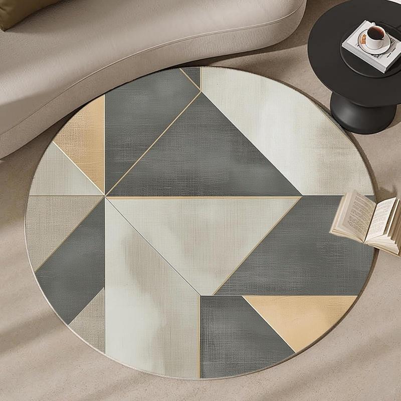Round Modern Gold Grey Geometric Area Rug Non-Slip Floor Mat for Living Room Bedroom Minimalist Home Decor
