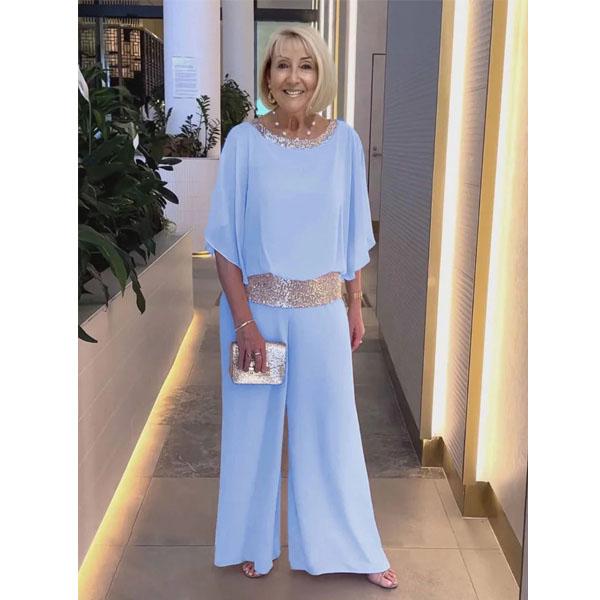 Женская модная однотонная рубашка с короткими рукавами и блестками с принтом и широкими брюками, брючные костюмы