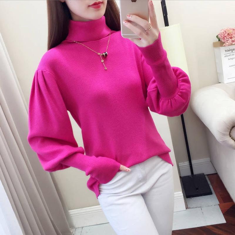 Женский пуловер с высоким воротником, свитер, теплый зимний свободный вязаный джемпер с рукавами-фонариками больших размеров