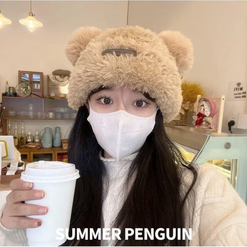 Зимняя теплая шапка с медвежьими ушками, новая плюшевая женская шапка, свободная модная шапка-пуловер, маленькая для лица