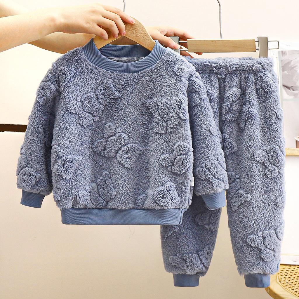 Autumn Winter Kids Thicken Warm Flannel Pajamas Baby Solid Long Sleeve Sleepwear Boys Girls Casual Clothing Sets Pyjamas
