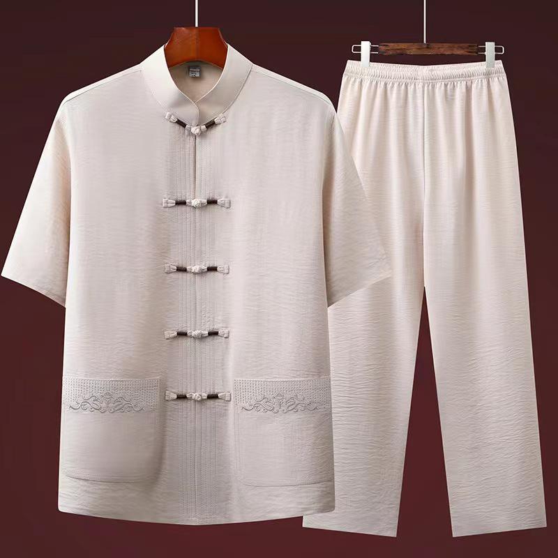 Мужской летний костюм Тан в китайском стиле из хлопка и льна с короткими рукавами для пожилых людей