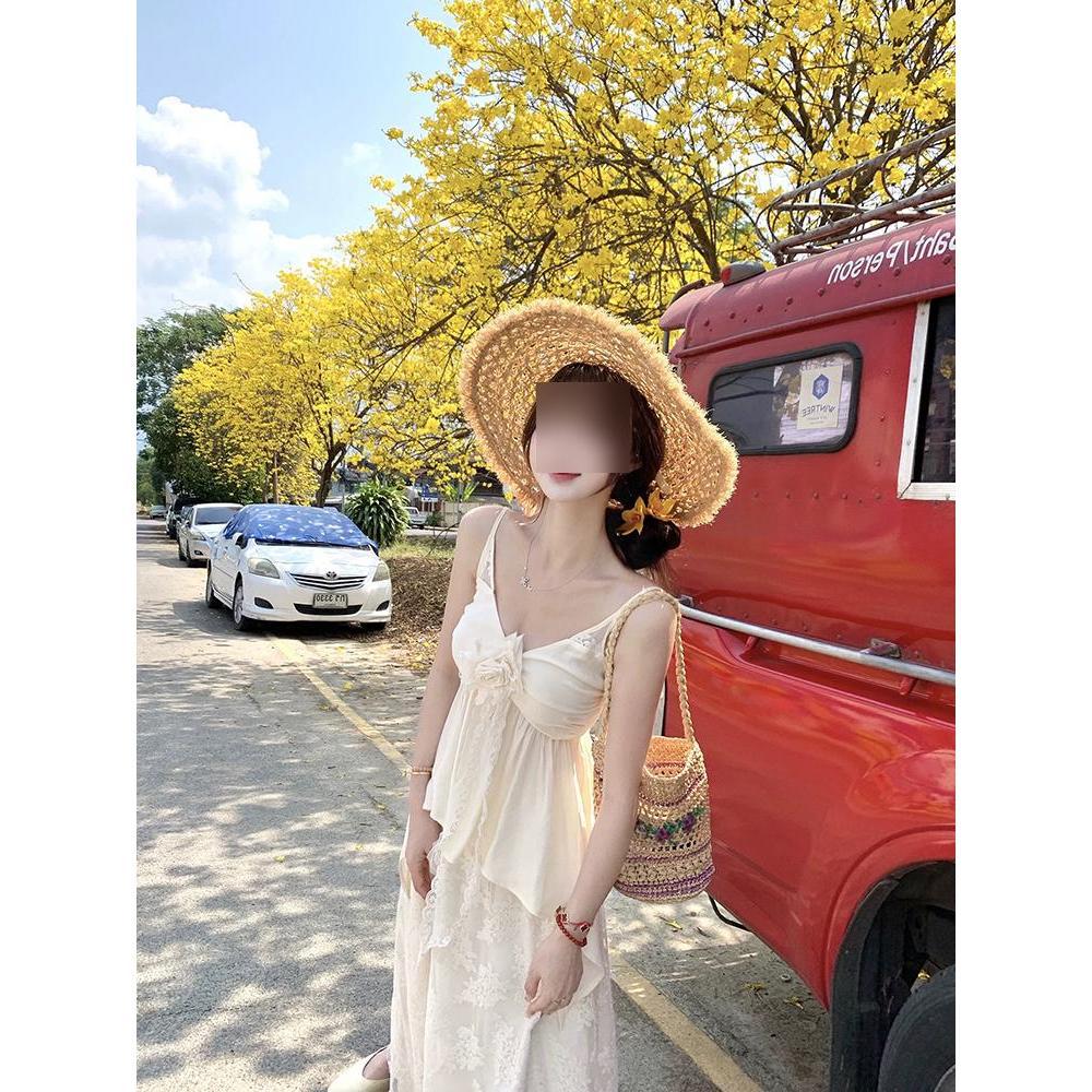 Girly Design Gentle Lace Splicing Skirt + Suspender Flower Waist Top Two-piece Suit Female Sweet