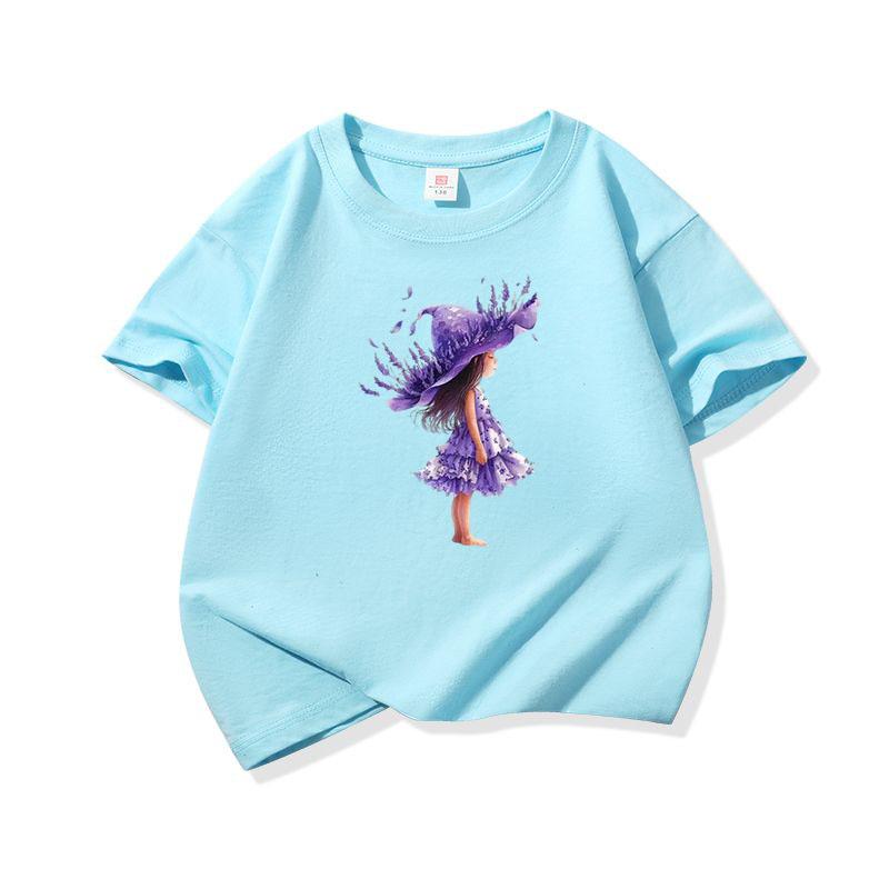 Kids Cotton T Shirt Purple Lavender Girl Print Crew Neck Short Sleeve Tee Casual Breathable Boys Girls Summer Tops