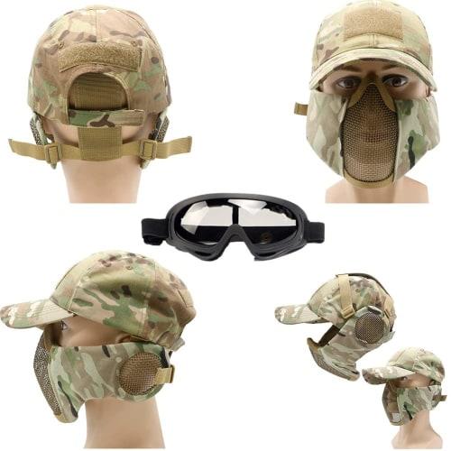 Airsoft Face Guard, Goggles, Hat, and Protector Mask Set with Mesh Ear Protection, 3-Band Design, Stable, Fog-Free, Breathable, Lightweight, Windproof