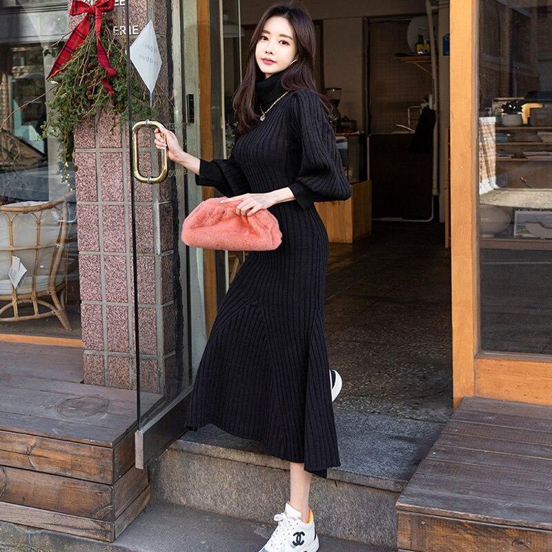 Autumn Winter New Korean Style Long Sleeve Women's Fashion Turtleneck Warm Long Maxi Knitting Pullover Sweater Dresses With Belt