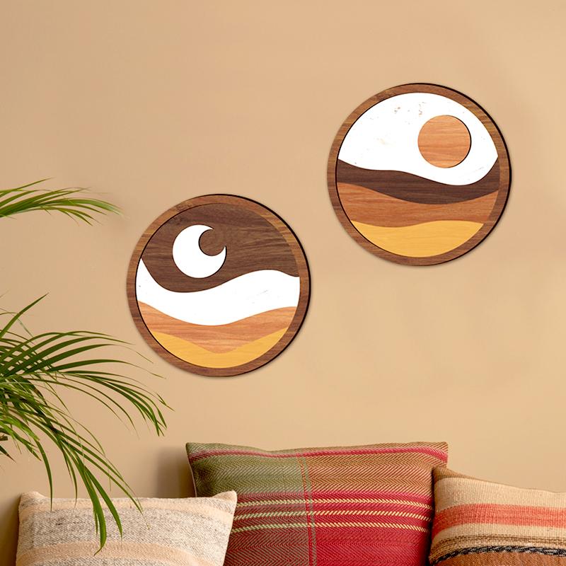 2Pc Wooden Wall Stickers Farmhouse Decoration Wooden Ornament Bohemia Art Installations Retro Hollow Flower Wall Hanging