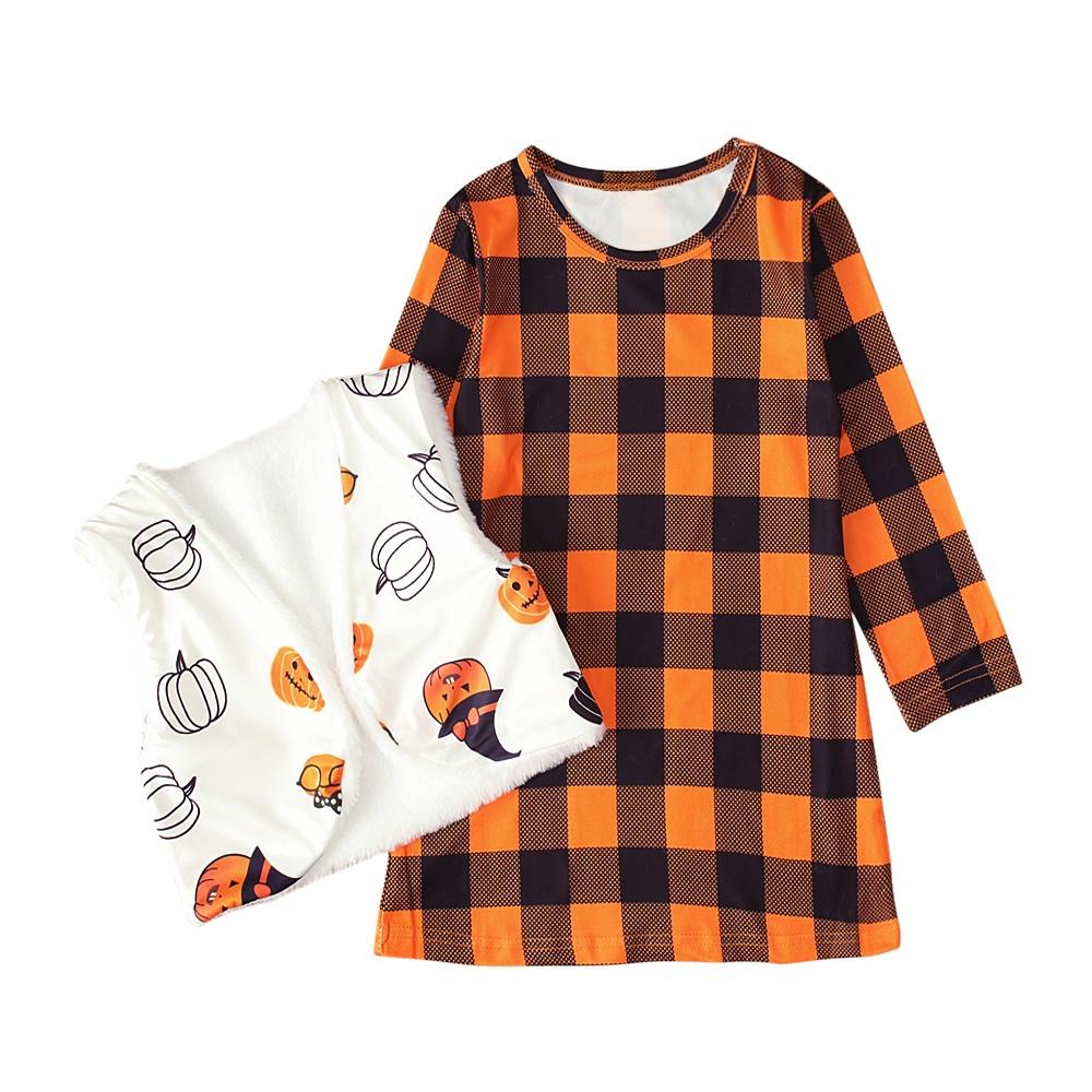 Костюм тыквы на Хэллоуин, детское клетчатое платье и жилет с длинными рукавами для девочек, комплект из 2 предметов, одежда для детей 1-7 лет