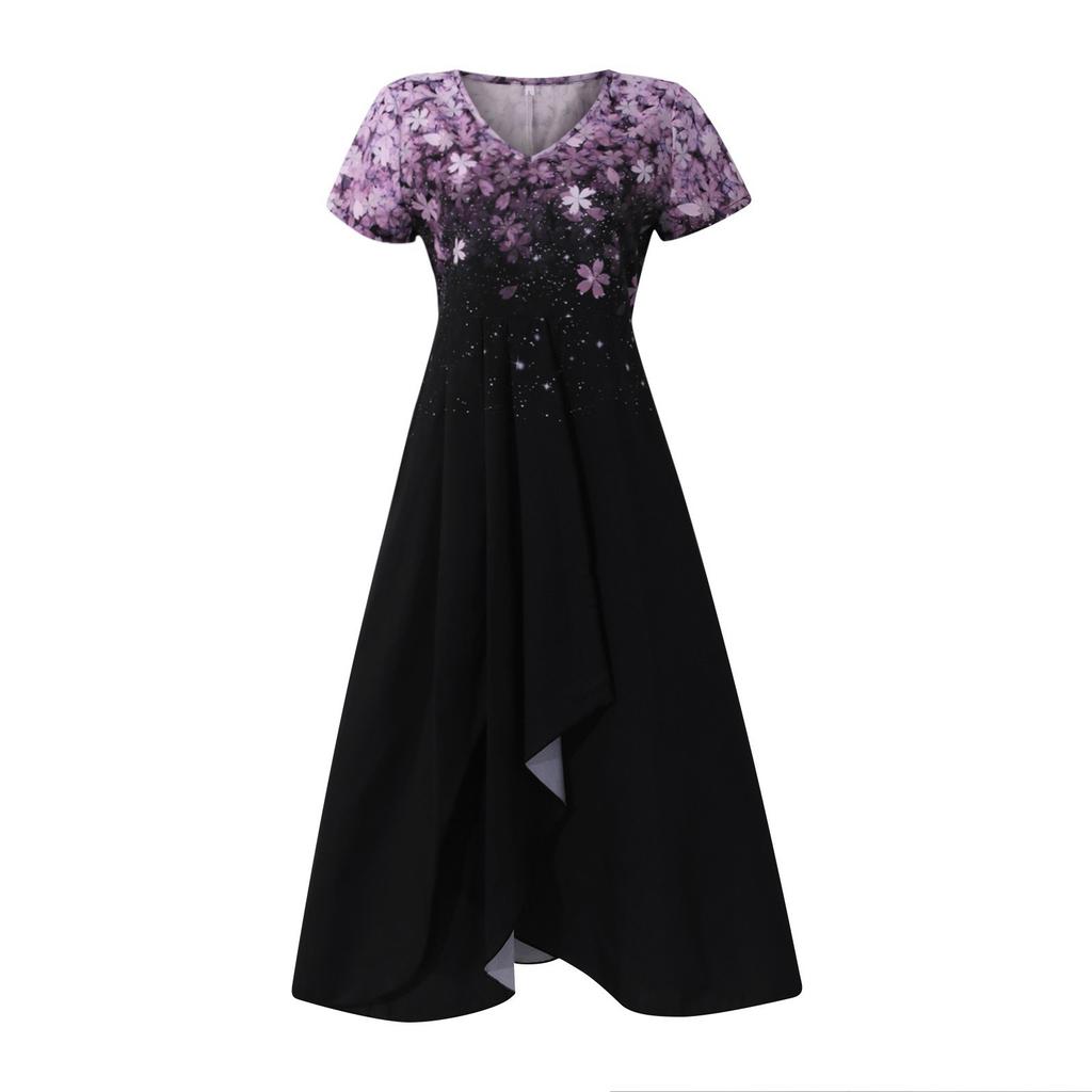 Женское повседневное большое длинное платье с v-образным вырезом и молнией с короткими рукавами и вставками с принтом