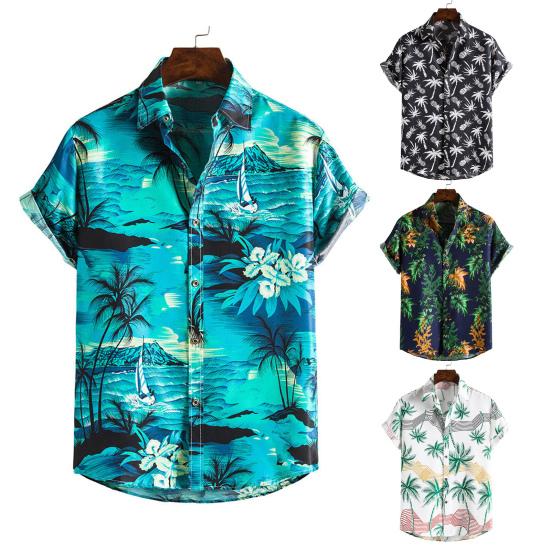Turn-down Collar Short Sleeve Men Shirt Buttons Down Summer Coconut Tree Print Hawaiian Shirt for Travel