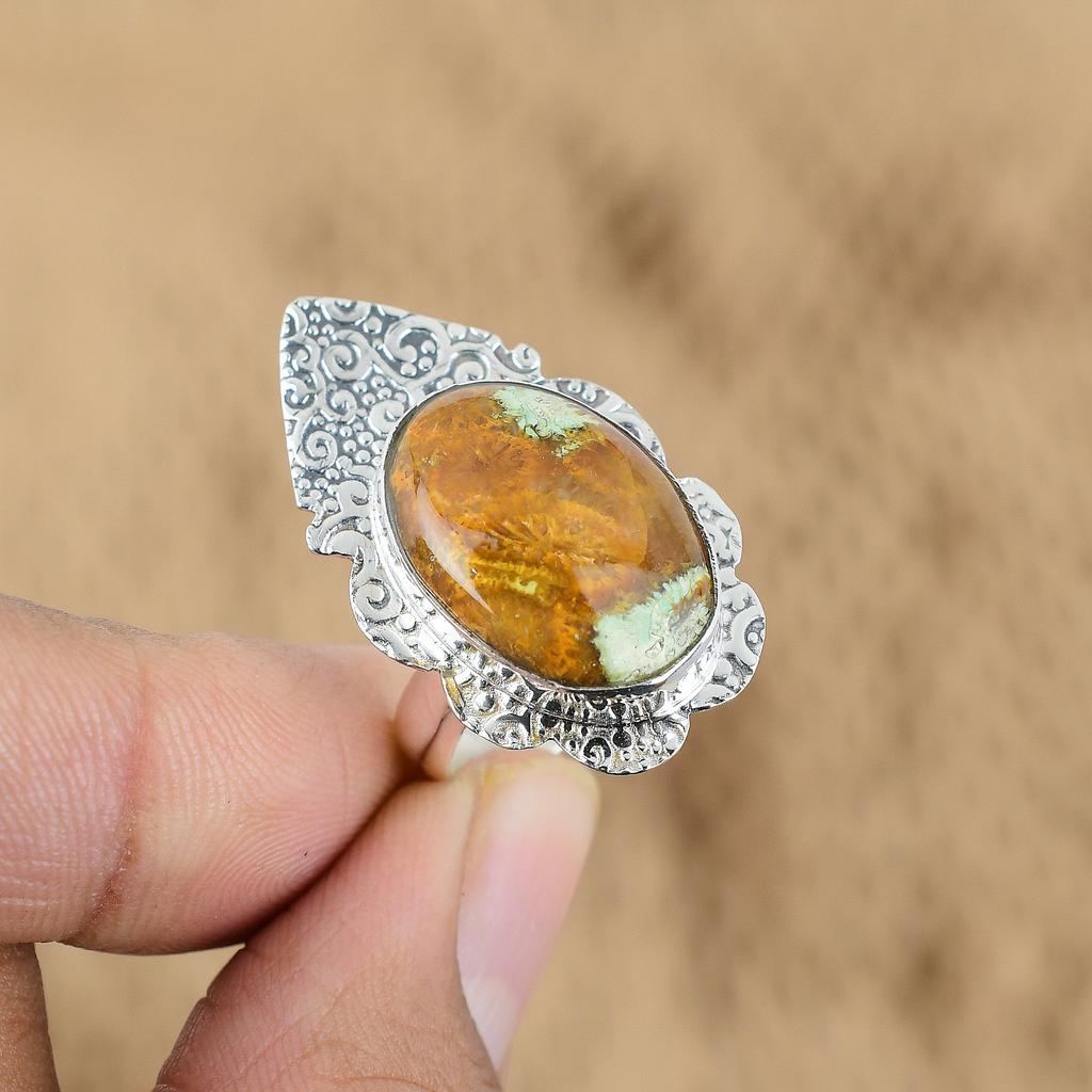 Wedding Gift For Her 925 Silver Natural Fossil Coral Promise Adjustable Ring