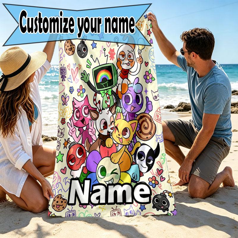 Custom Name Personalized Dandy's World Print Beach Towel, for Trip Camping Beach Party Home Decor, Birthday Gift for Family & Friends