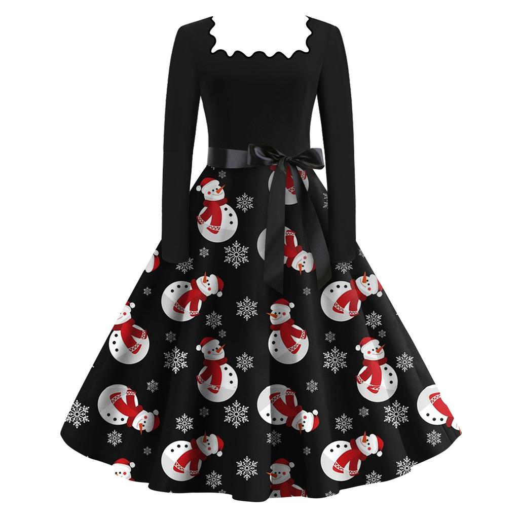 Women's Fashion Square Neck Casual Slim Christmas Printed Long Sleeve Dresses