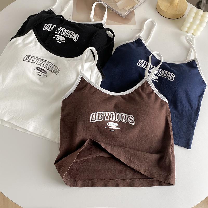 Women With Padded Bra Crop Tops O-neck Solid Crop Tops 2025 Summer Letter Printing Tops Spaghetti Camisole
