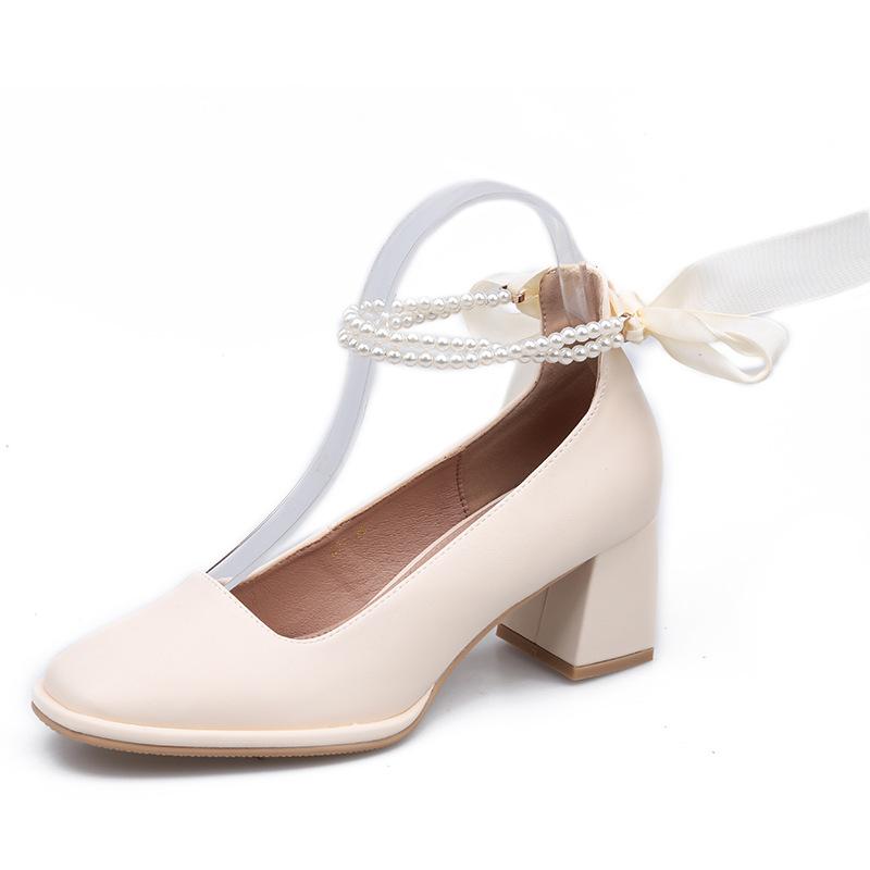 2025 весна новая толстый каблук туфли-лодочки квадратный носок мелкий вырез высокий каблук на щиколотке бисер шнуровка женские туфли