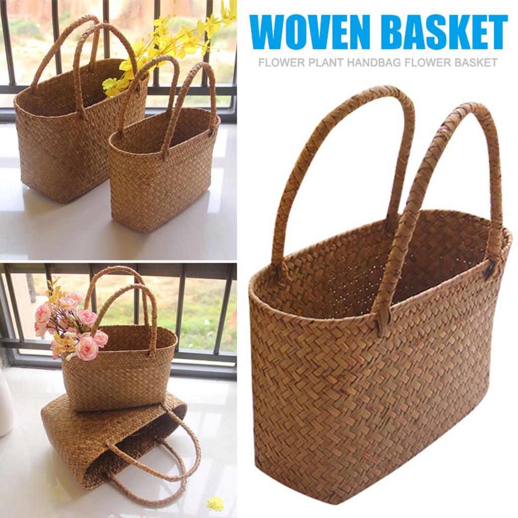 Seagrass Woven Basket Handmade Flower Basket Boho Beach Tote Storage Organizer for Home Decor Wedding Party DIY Craft