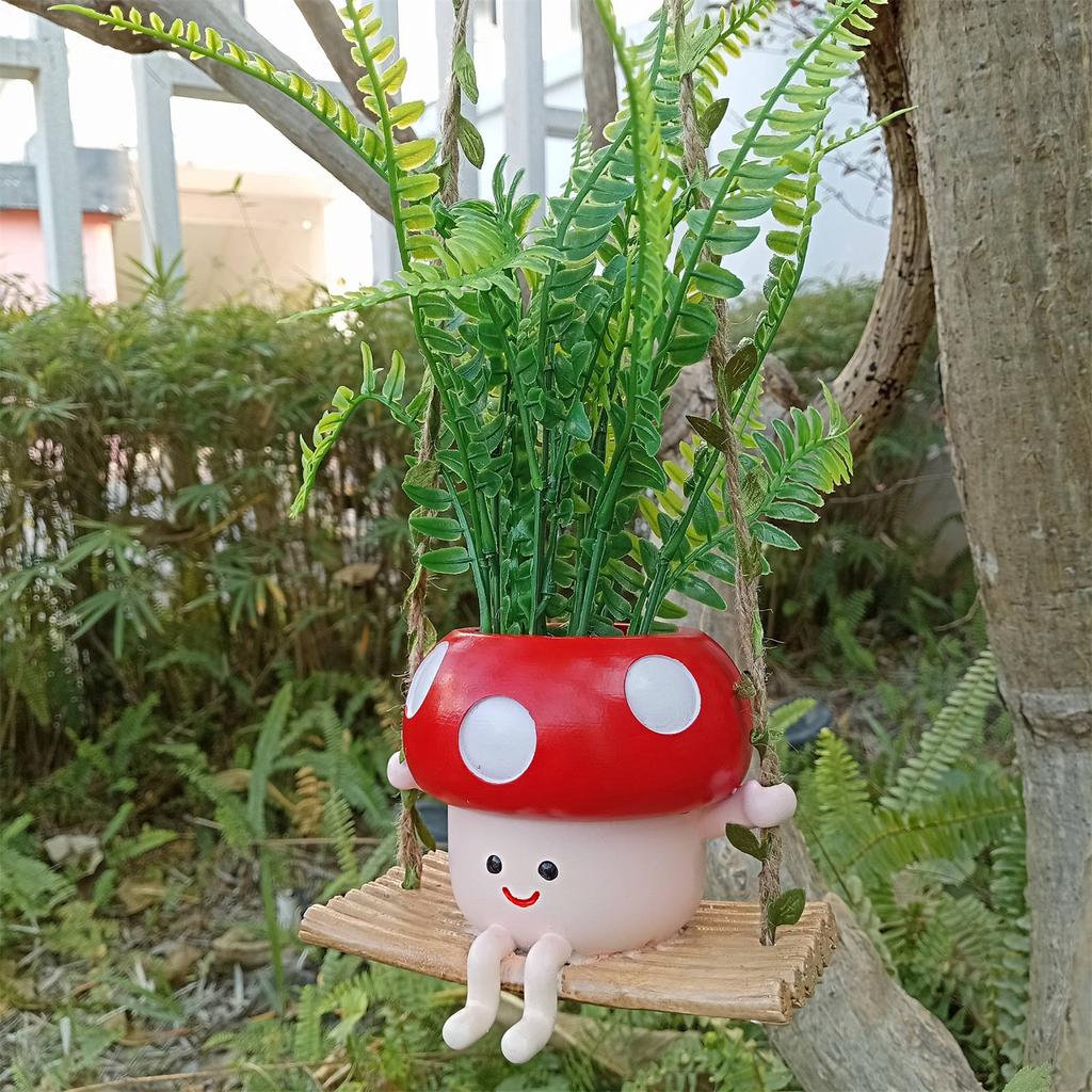 Cute Mushroom Flowerpot Succulent Planter Resin Hanging Vase Creative for Garden Yard Balcony Living Room Decor