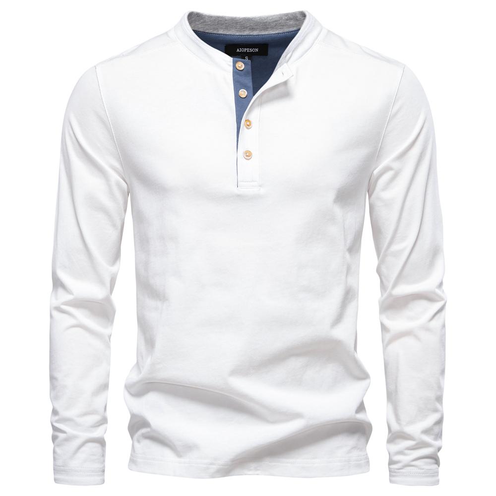 AIOPESON Мужская футболка-henley из 100% хлопка, однотонная, с длинным рукавом, на пуговицах, базовая, новая, Осень