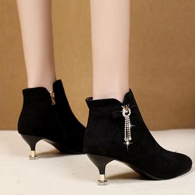 Модные ботильоны замшевые черные на шпильке ботильоны до щиколотки для женщин со стразами удобные и элегантные на распродаже женская короткая обувь