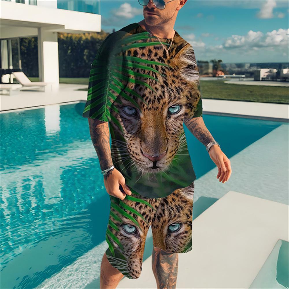 Летний мужской комплект спортивной одежды с леопардовым принтом, футболка + шорты Jungle's Secret Harajuku, верхняя модная повседневная одежда