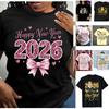 2026 Футболка на Новый год Мода Мужская и женская Счастливого Нового года 2026 Принт Футболка Повседневная с круглым вырезом и коротким рукавом Топ