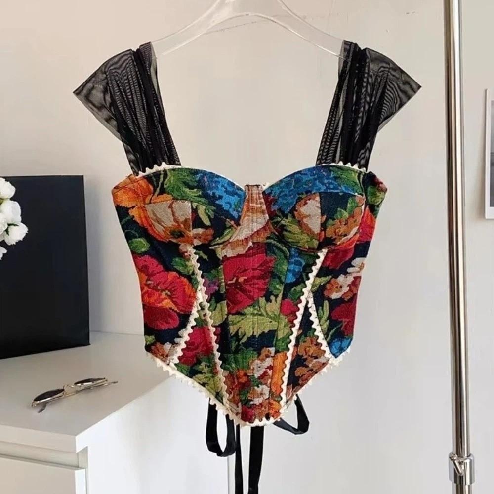 Sleeveless Fishbone Corset Floral Print Crop Tops Tank Top Suspender Vest Streetwear