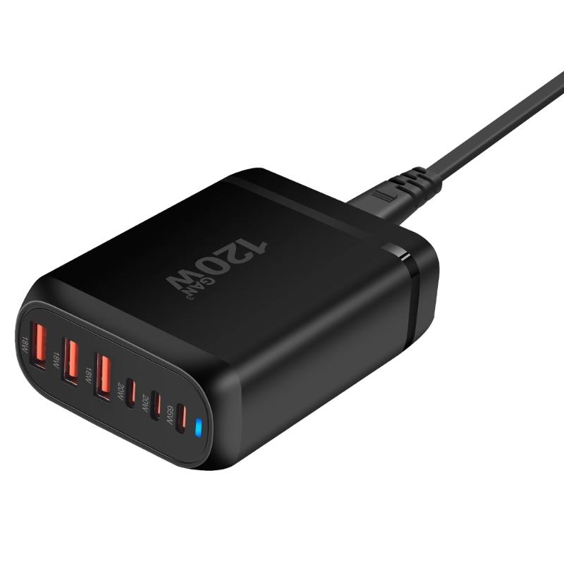 Многопортовая зарядная станция 3xUSB+3xType C с выходной мощностью 120 Вт для общественных мест и путешествий