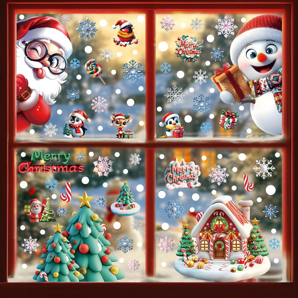3D Christmas Window Stickers Electrostatic Cling with Santa Claus Snowman Snowflakes for Home Office Party Decor Reusable
