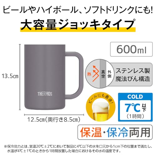 Thermos Vacuum Insulated Beer Mug, 600ml, White, Dishwasher Safe, Thermos-like Structure, Keeps Drinks Hot or Cold, JDK-602C WH