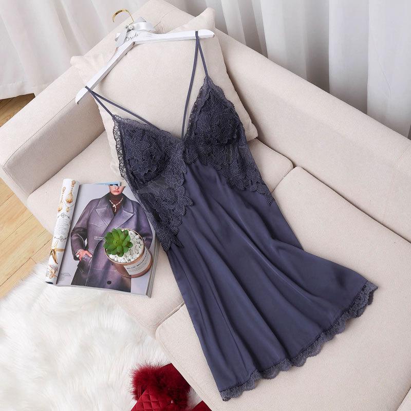 1011 spring and summer solid color pajamas women's thin ice silk sexy nightgown lace backless suspender loungewear