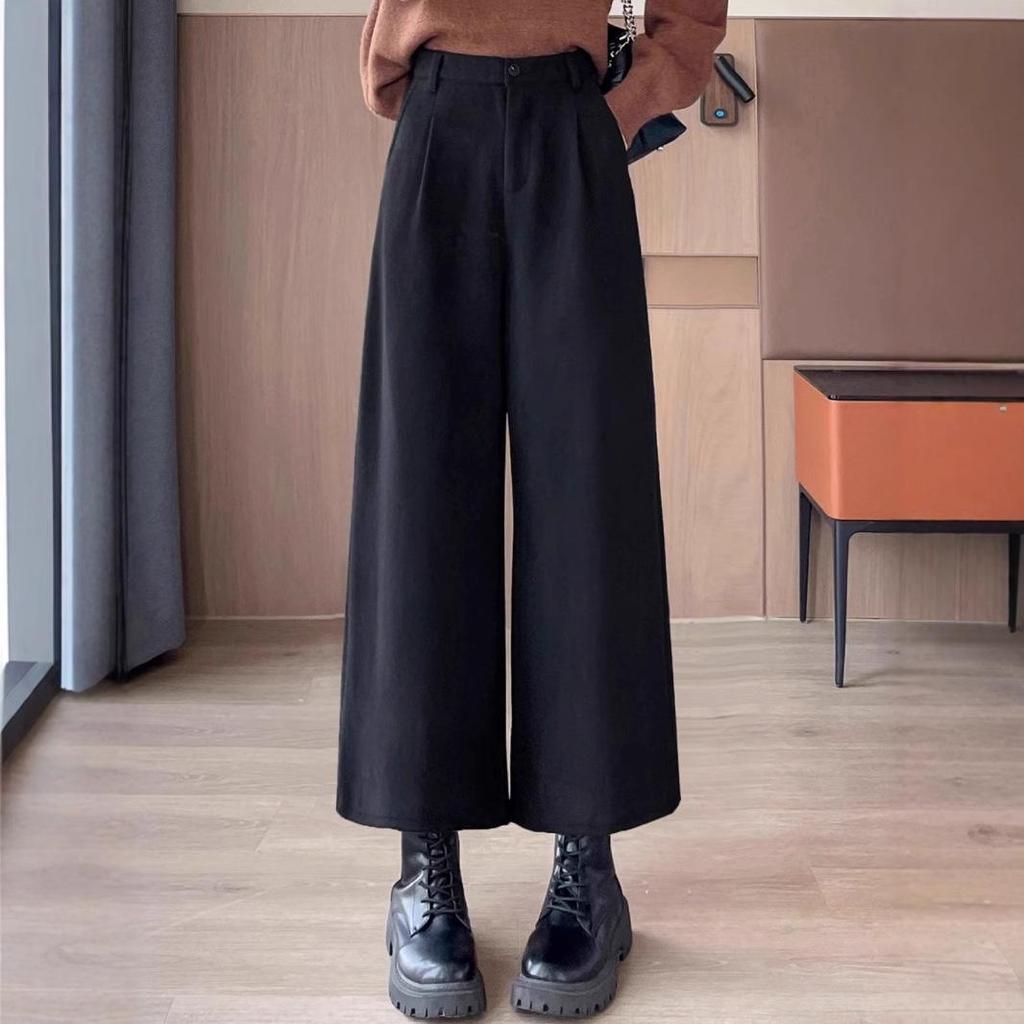 Женские черные шерстяные брюки с высокой посадкой и широкими штанинами, осень/зима 2024