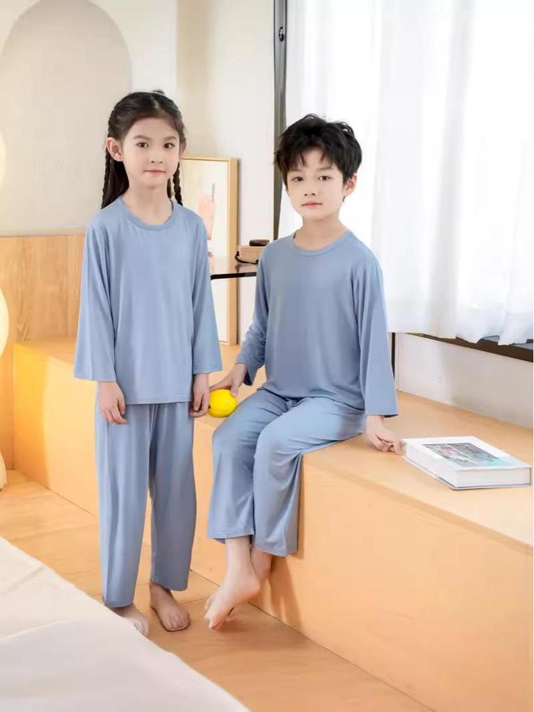 Детский модальный пижамный комплект - Летний легкий, с круглым вырезом, с длинными рукавами и брюками для мальчиков и девочек.