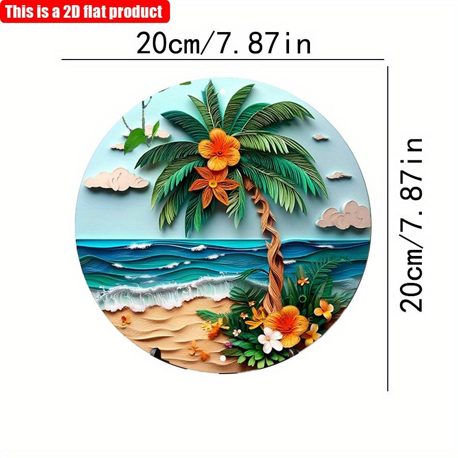 2D Flat 20*20cm1pc Tropical Beach Scenepalm Tree&colorful Flowers&waves Sign Door Signage, Blue Sky Beach Palm Tree Theme Wooden Round Wall Decor
