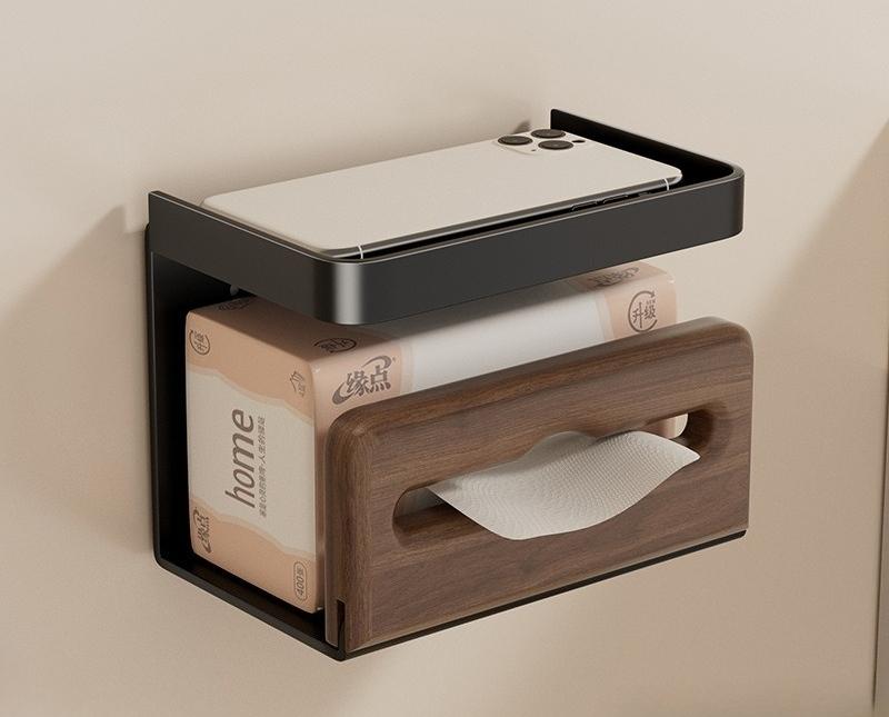 Walnut Suction Cup Tissue Holder for Bathroom Storage Mobile Phone Holder Solid Wood Tissue Box