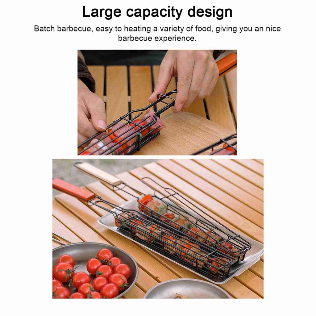 Camping BBQ Grilling Basket Charcoal Grill Outdoor Grill Tool Picnic Portable Wood Handle Roasting Meat Accessories